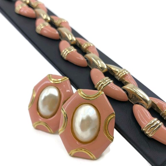 Donald Stannard Bracelet and Earring Set Gold with Coral Enamel and Faux Pearl, - Picture 2 of 10